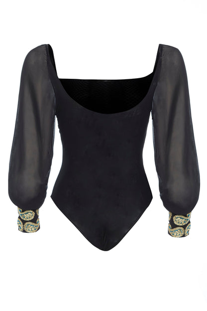 Black mesh bodysuit by Blush Athena, featuring a fitted design and sheer mesh fabric, perfect for stylish dresses or layered looks.