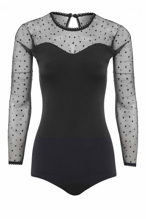 Black long-sleeve mesh bodysuit by Blush Athena, featuring sheer fabric and fitted design, displayed on a mannequin.