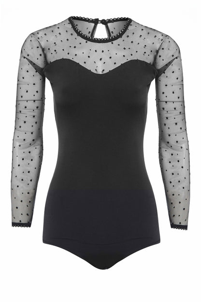 Black long-sleeve mesh bodysuit by Blush Athena, featuring sheer fabric and fitted design, displayed on a mannequin.