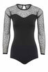 Black long-sleeve mesh bodysuit by Blush Athena, featuring sheer fabric and fitted design, displayed on a mannequin.
