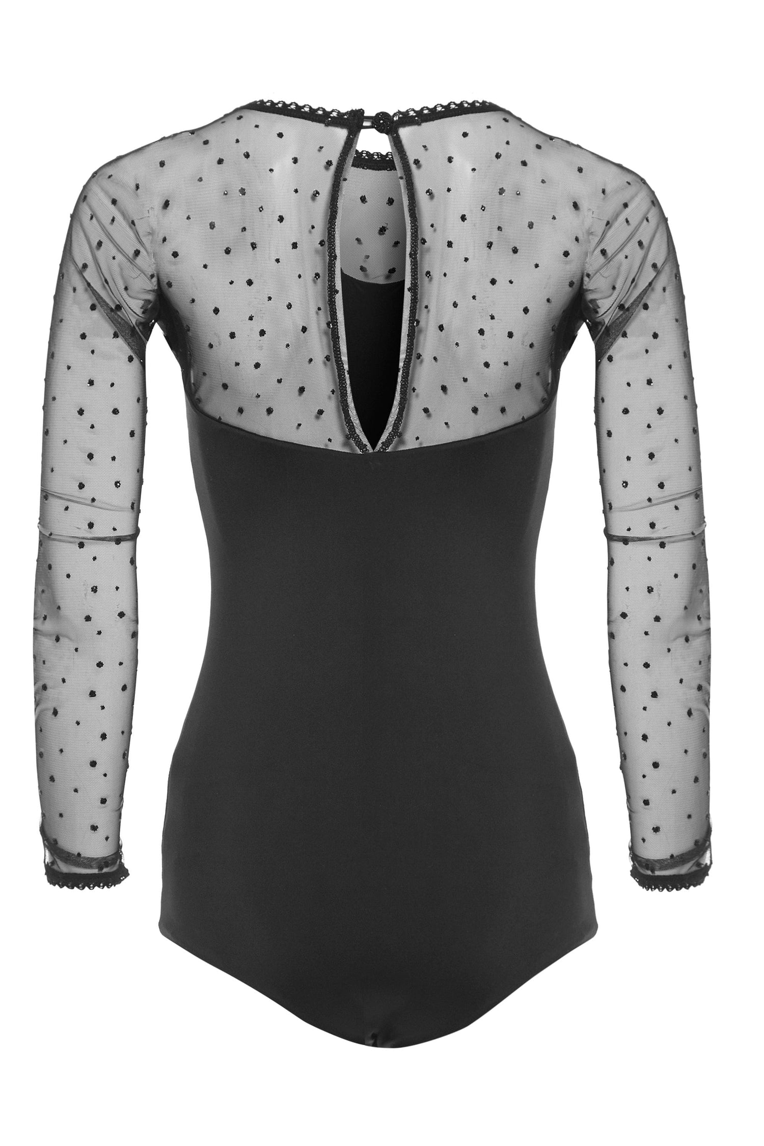 Long-sleeve mesh bodysuit from Blush Athena, featuring a fitted design with sheer fabric and intricate detailing.