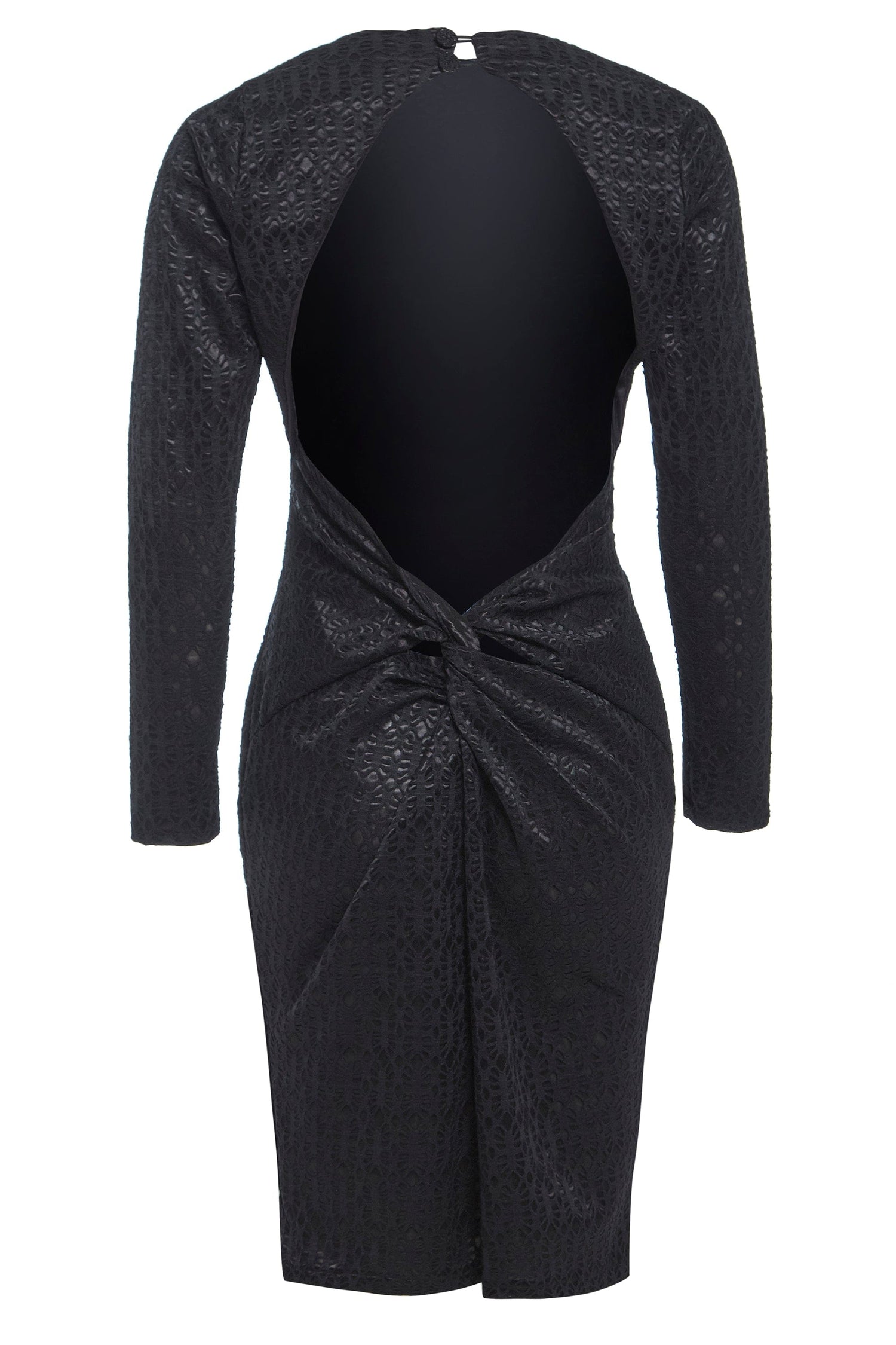 Black twisted backless dress by Blush Athena, showing a stylish dress with a twisted neckline and open back design.