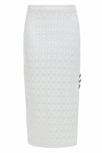 White bodycon lace skirt from Blush Athena, styled as a dress with intricate lace details and a fitted silhouette.