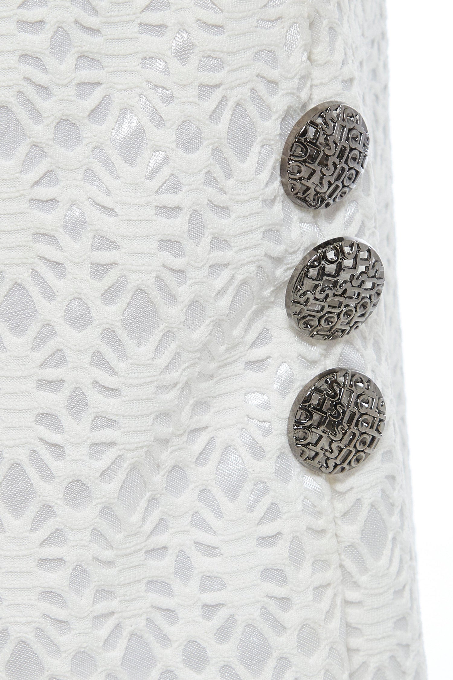 White lace bodycon skirt from Blush Athena, styled as a dress, featuring fitted design and intricate lace details.