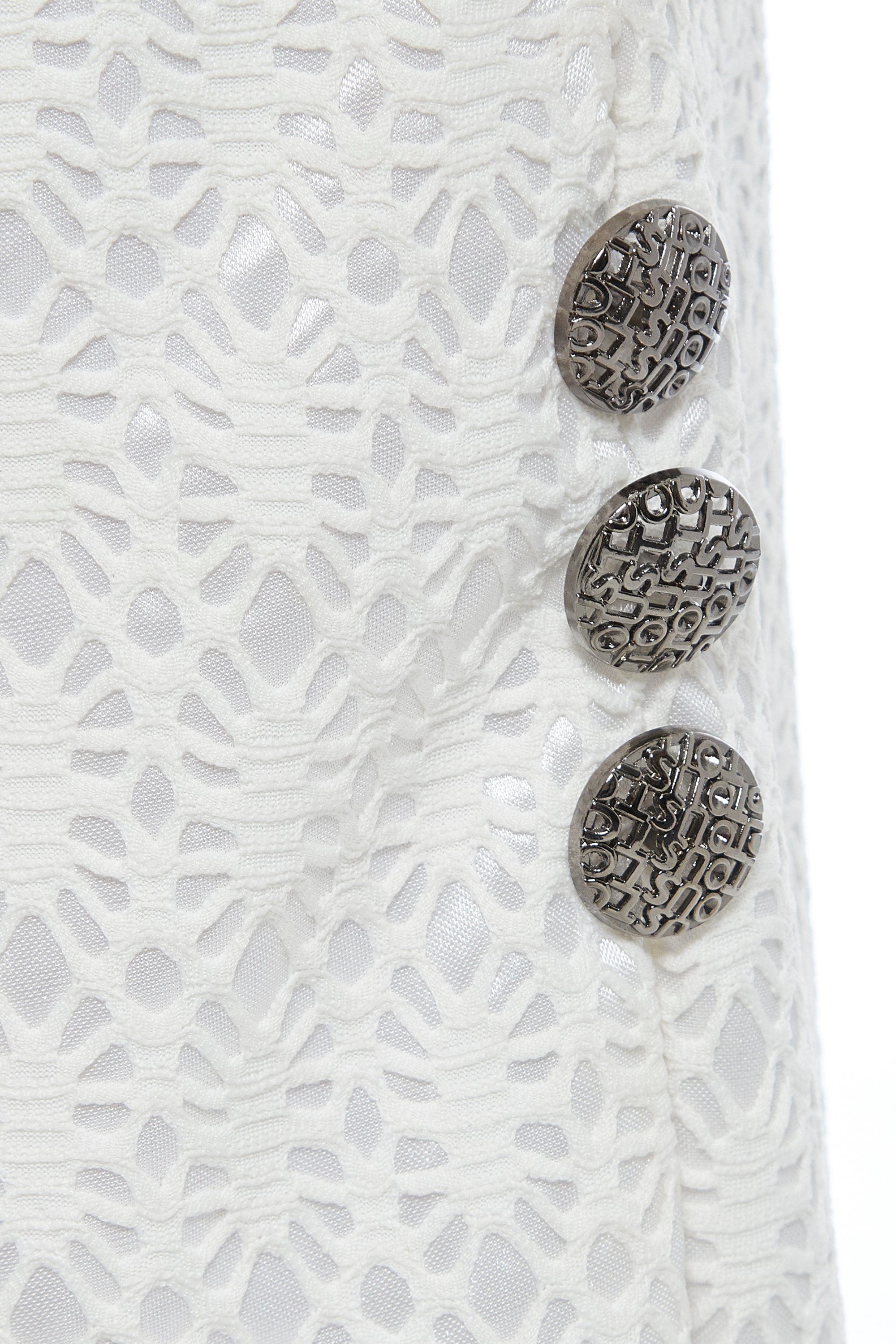 White lace bodycon skirt from Blush Athena, styled as a dress, featuring fitted design and intricate lace details.