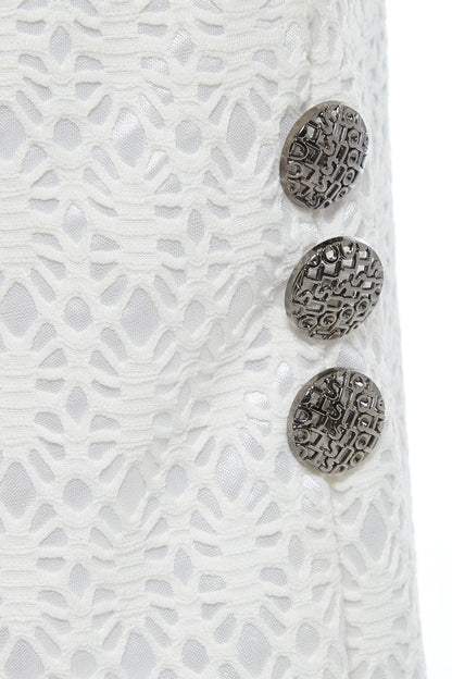 White lace bodycon skirt from Blush Athena, styled as a dress, featuring fitted design and intricate lace details.