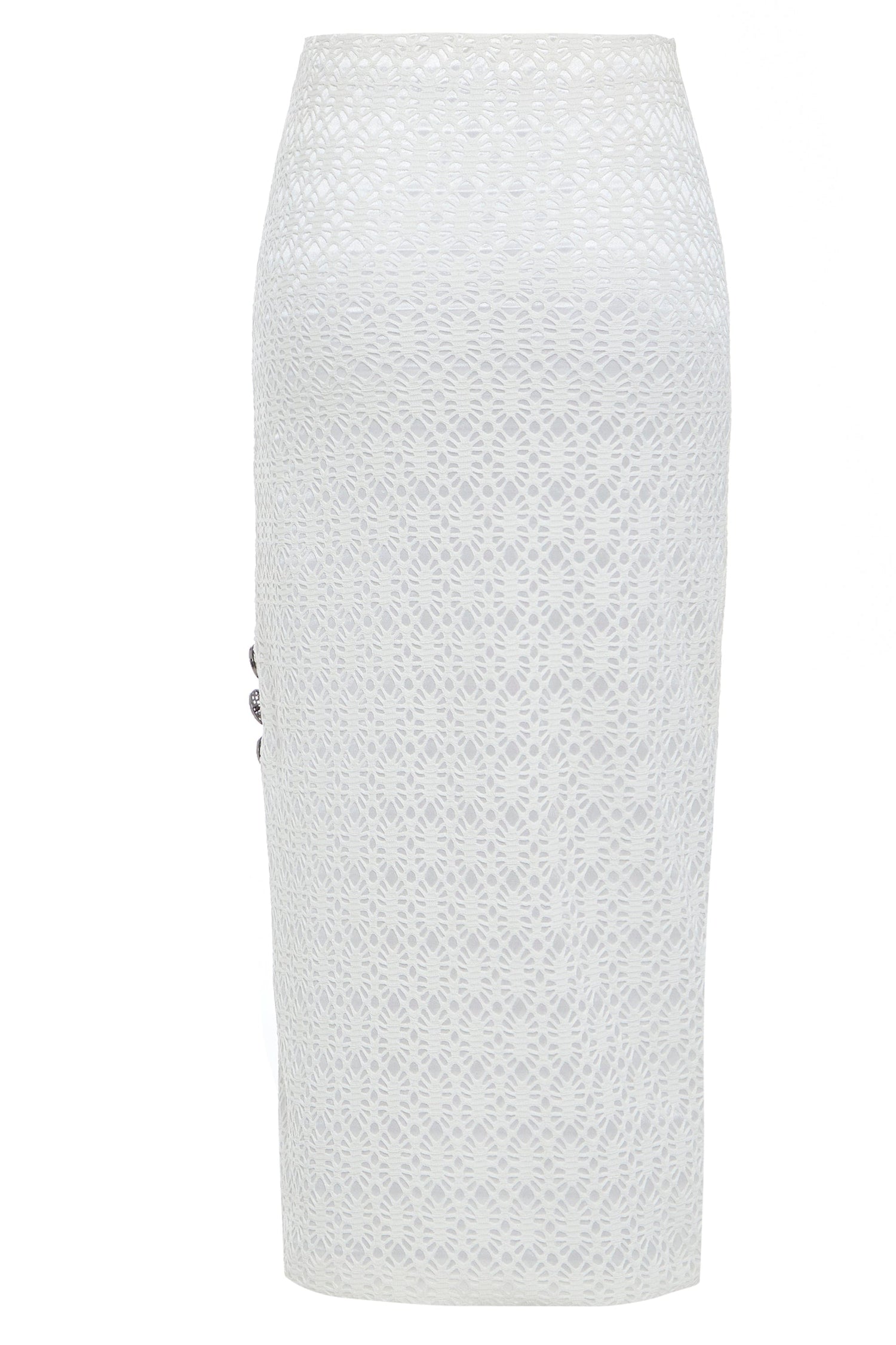 White bodycon lace skirt from Blush Athena, styled as a dress, featuring intricate lace details and a fitted silhouette.
