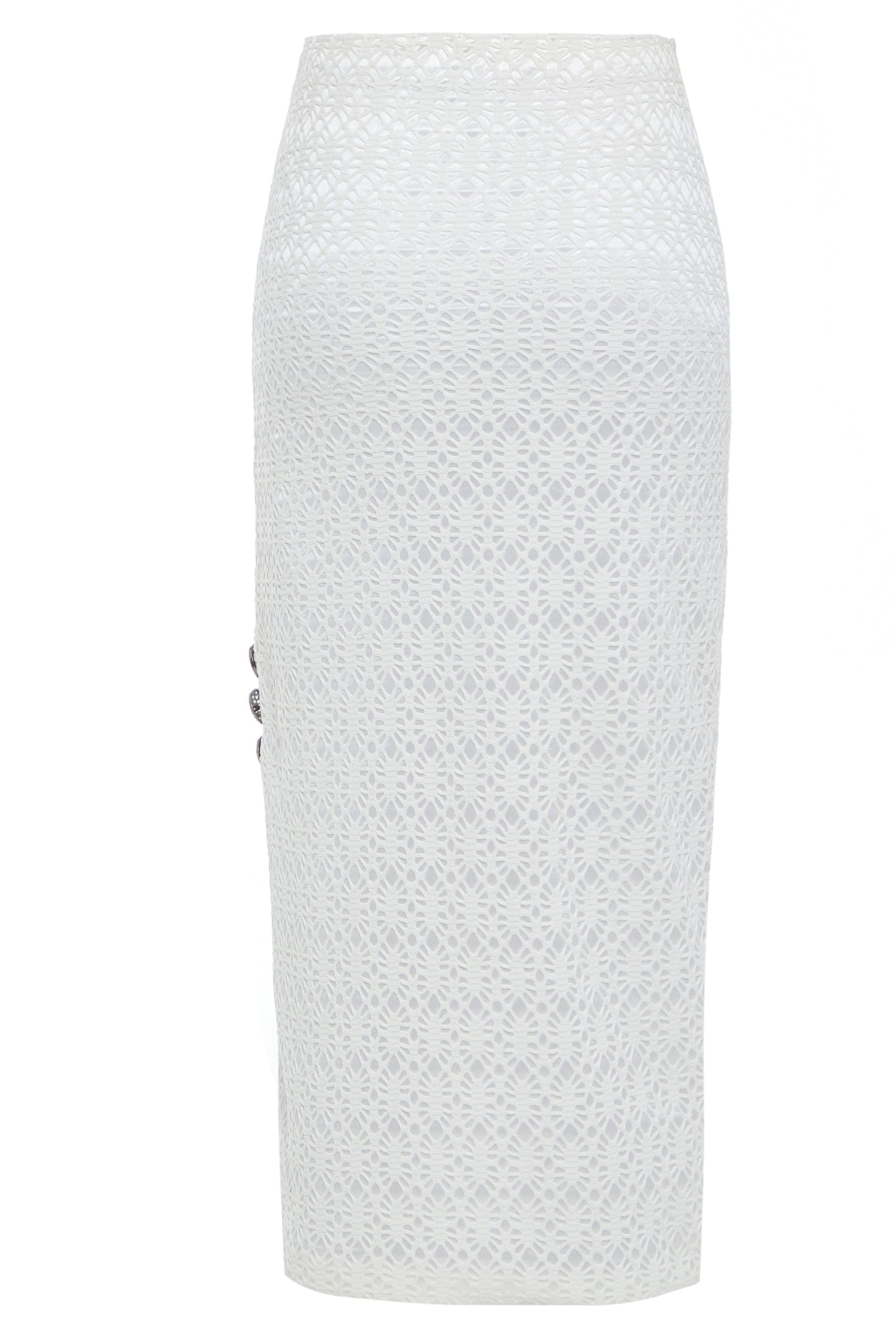 White bodycon lace skirt from Blush Athena, styled as a dress, featuring intricate lace details and a fitted silhouette.