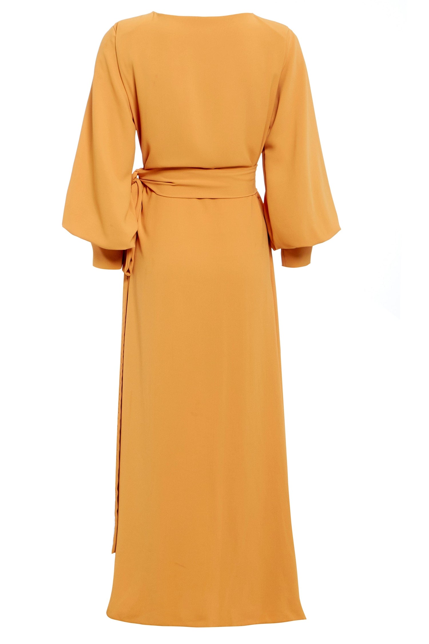 Mustard wrap maxi dress by Blush Athena, flowing fabric with long sleeves and a waist tie, stylish evening dress.