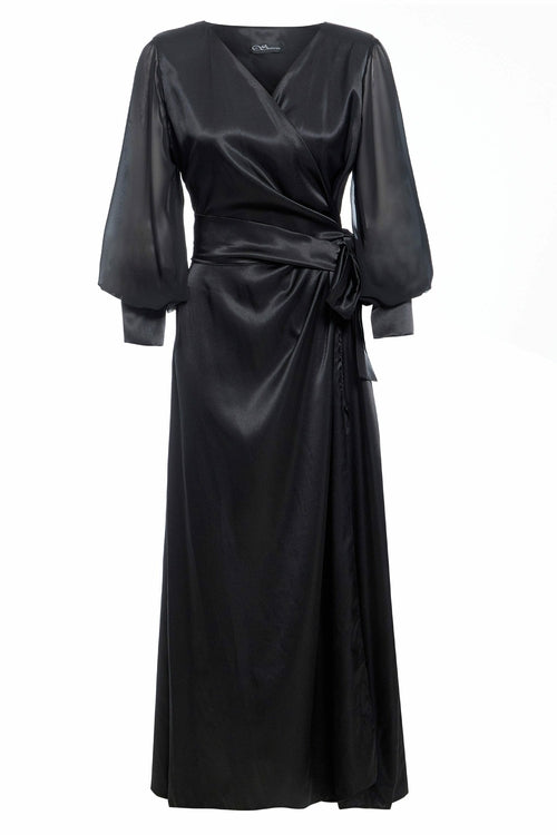 Black wrap maxi dress by Blush Athena, flowing design with long sleeves and a tie waist, perfect for elegant occasions.