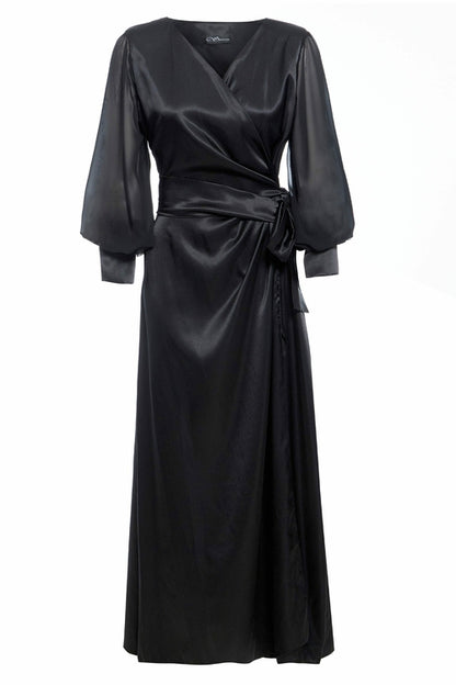 Black wrap maxi dress by Blush Athena, flowing design with long sleeves and a tie waist, perfect for elegant occasions.