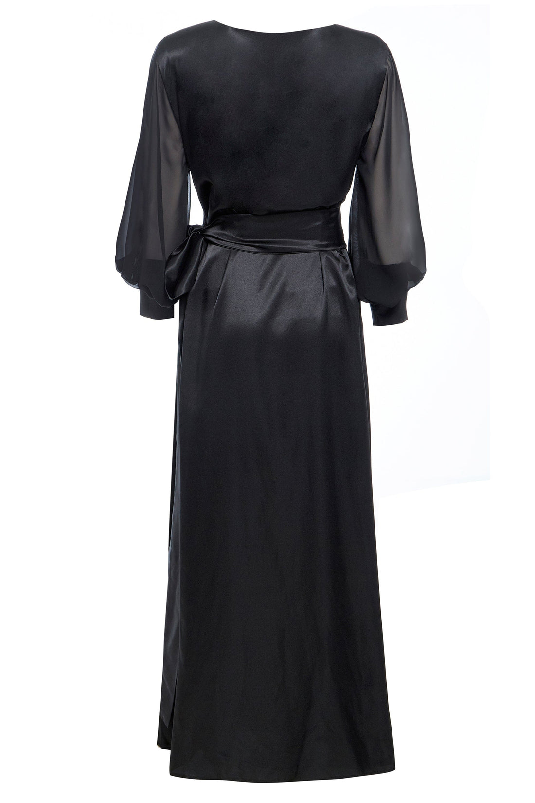 Black wrap maxi dress by Blush Athena featuring a flowing silhouette and elegant design, perfect for formal or casual occasions.