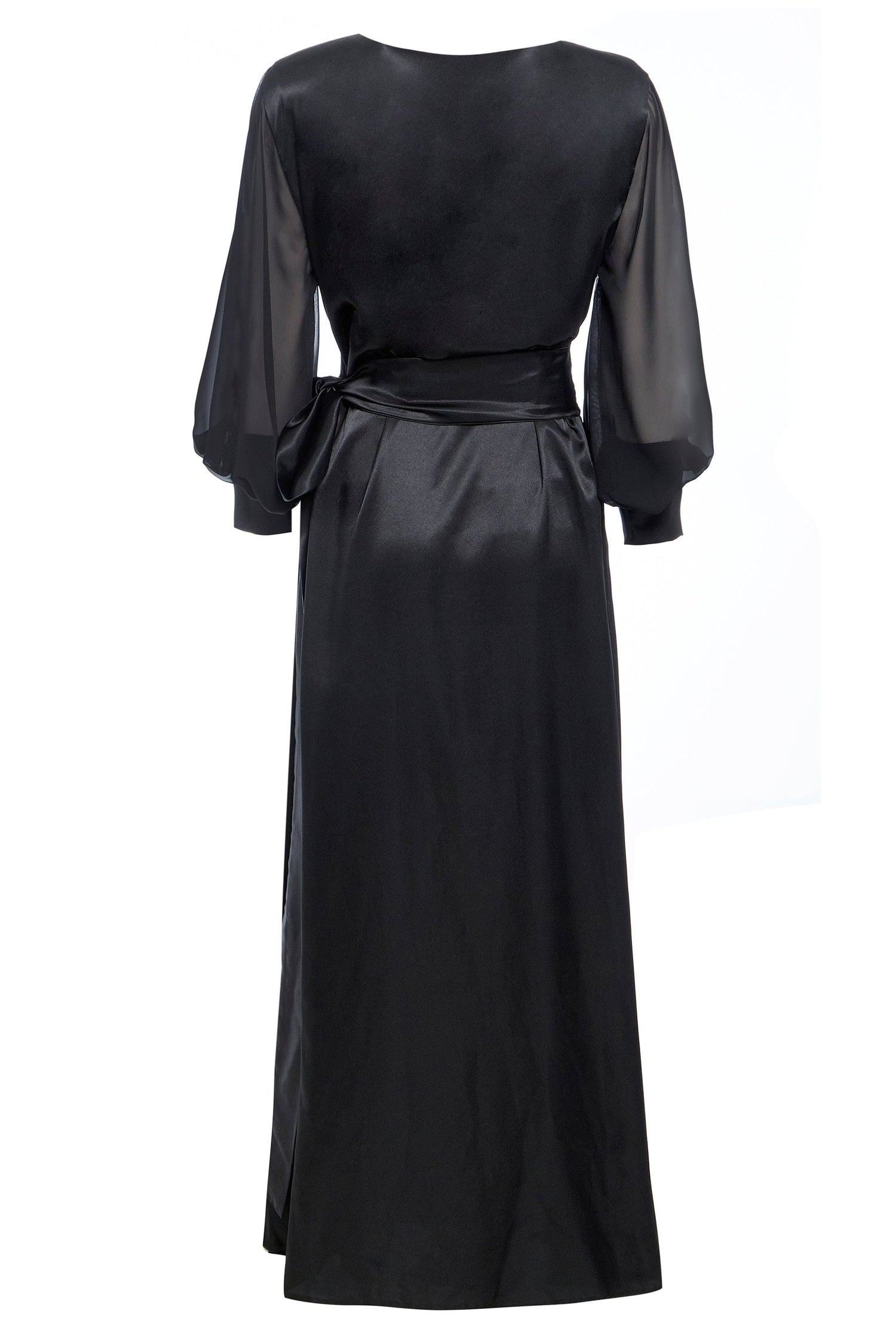 Black wrap maxi dress by Blush Athena featuring a flowing silhouette and elegant design, perfect for formal or casual occasions.