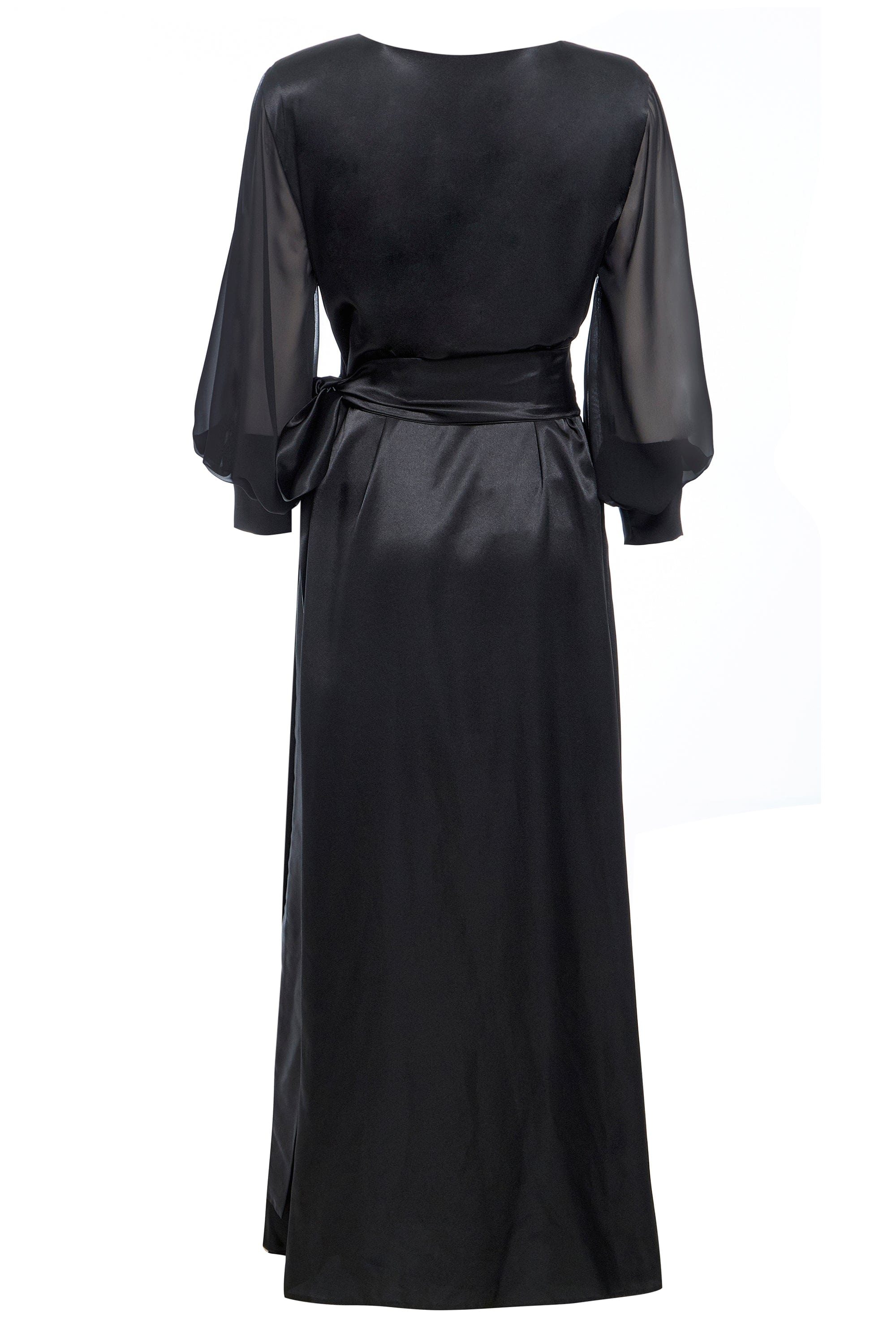 Black wrap maxi dress by Blush Athena featuring a flowing silhouette and elegant design, perfect for formal or casual occasions.
