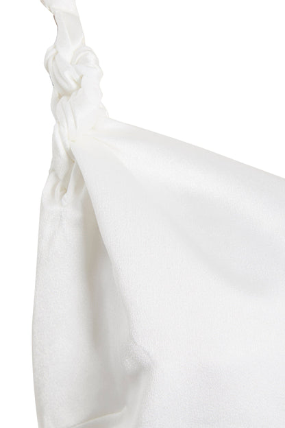 Asymmetric white maxi dress by Blush Athena featuring elegant draping and flowy fabric, perfect for formal occasions.