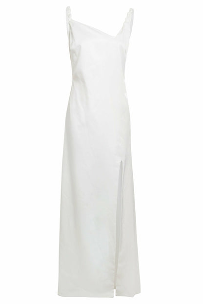 White asymmetric maxi dress by Blush Athena, flowing fabric with elegant drape and stylish asymmetrical design.