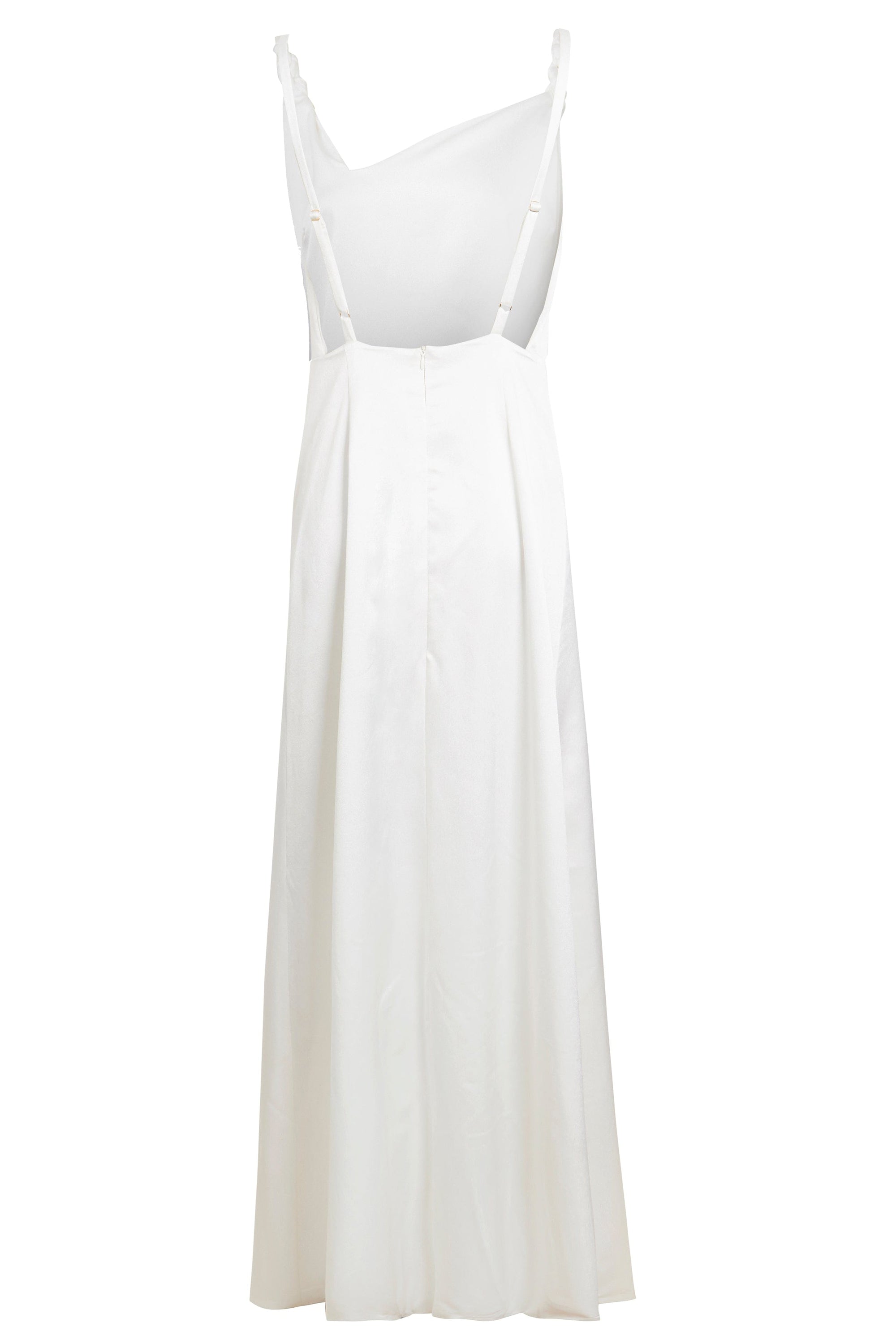 White asymmetric maxi dress by Blush Athena featuring a flowing silhouette and elegant design, perfect for formal occasions.