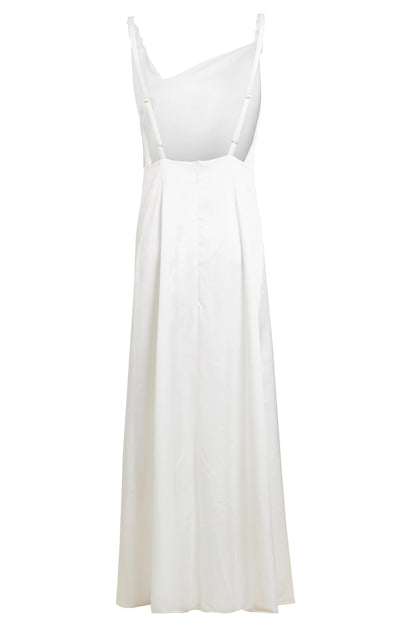 White asymmetric maxi dress by Blush Athena featuring a flowing silhouette and elegant design, perfect for formal occasions.
