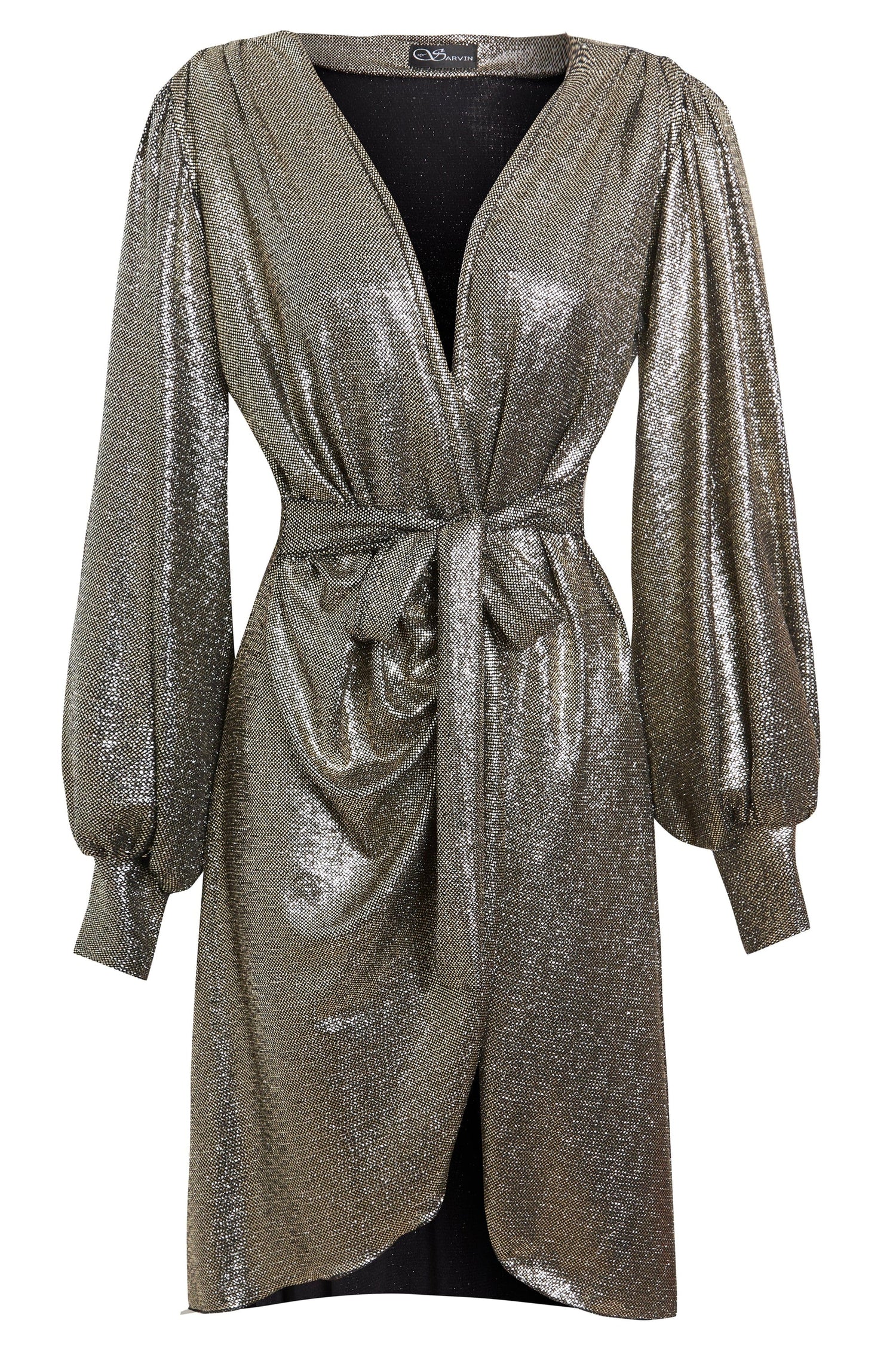 Long sleeve sequin wrap dress by Blush Athena, featuring shimmering sequins and elegant fit, perfect for evening events.