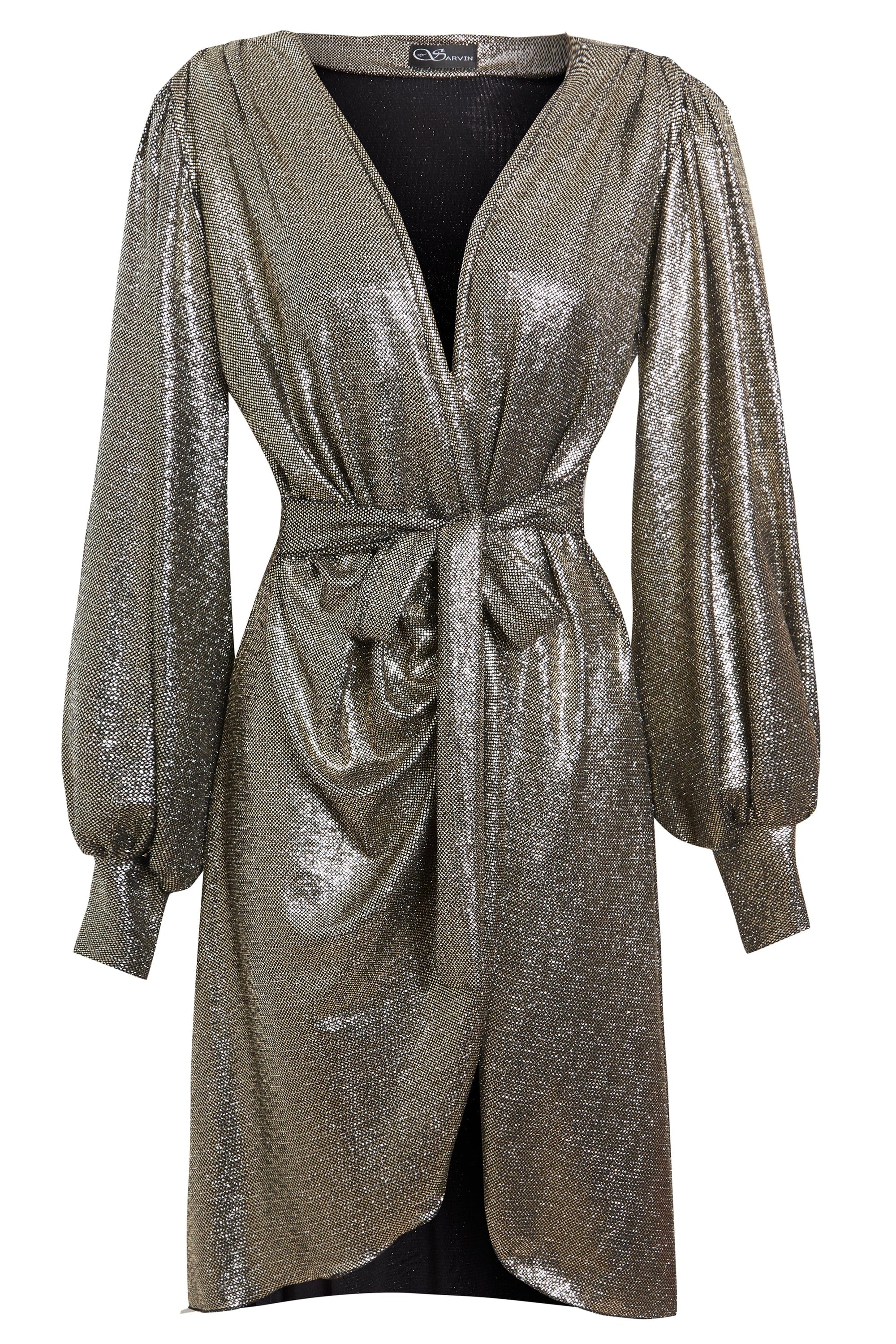 Long sleeve sequin wrap dress by Blush Athena, featuring shimmering sequins and elegant fit, perfect for evening events.