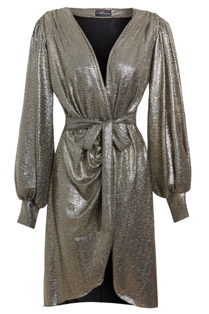 Long sleeve sequin wrap dress by Blush Athena, featuring shimmering sequins and elegant fit, perfect for evening events.