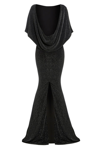 Black cowl back gown by Blush Athena, elegant evening dress with flowing fabric and cowl neckline, stylish and sophisticated.