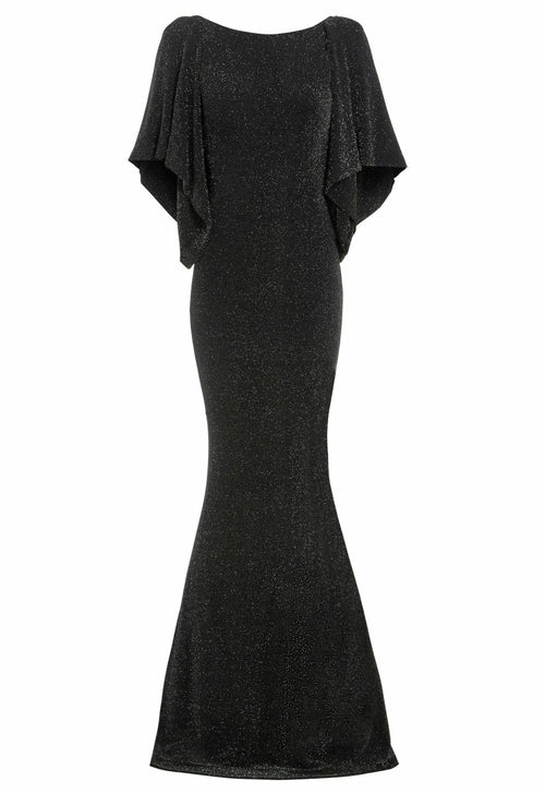 Black cowl back gown by Blush Athena, elegant dress featuring a flowing silhouette and stylish draped back design.