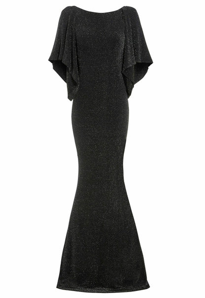 Black cowl back gown by Blush Athena, elegant dress featuring a flowing silhouette and stylish draped back design.
