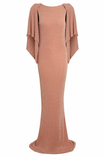 Mocha backless maxi dress from Blush Athena featuring a flowing silhouette and elegant open-back design.