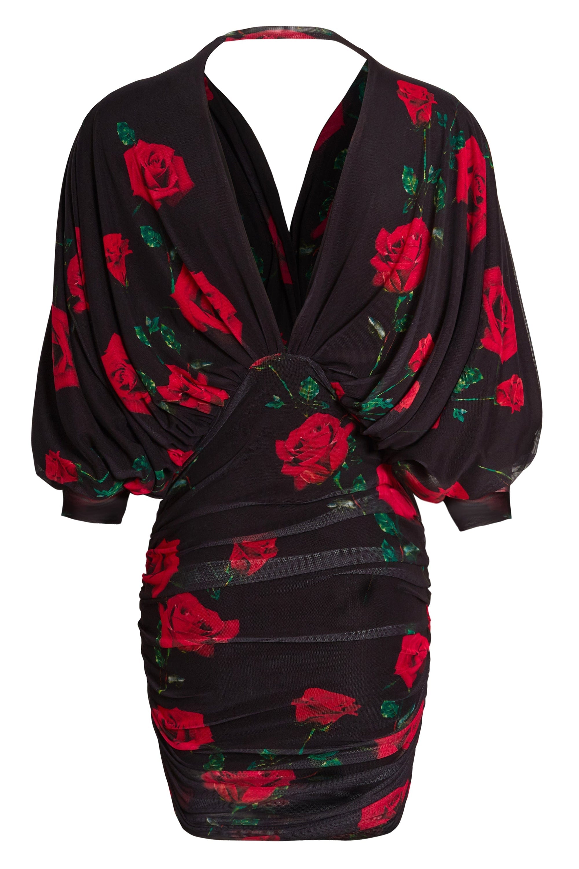 Blush Athena ruched batwing mini dress in black, featuring a fitted bodice and flowing batwing sleeves, perfect for stylish occasions.