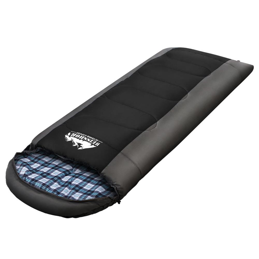 Ozdingo Weisshorn black sleeping bag for camping, hiking, and outdoor use, with thermal insulation and -20°C temperature rating.