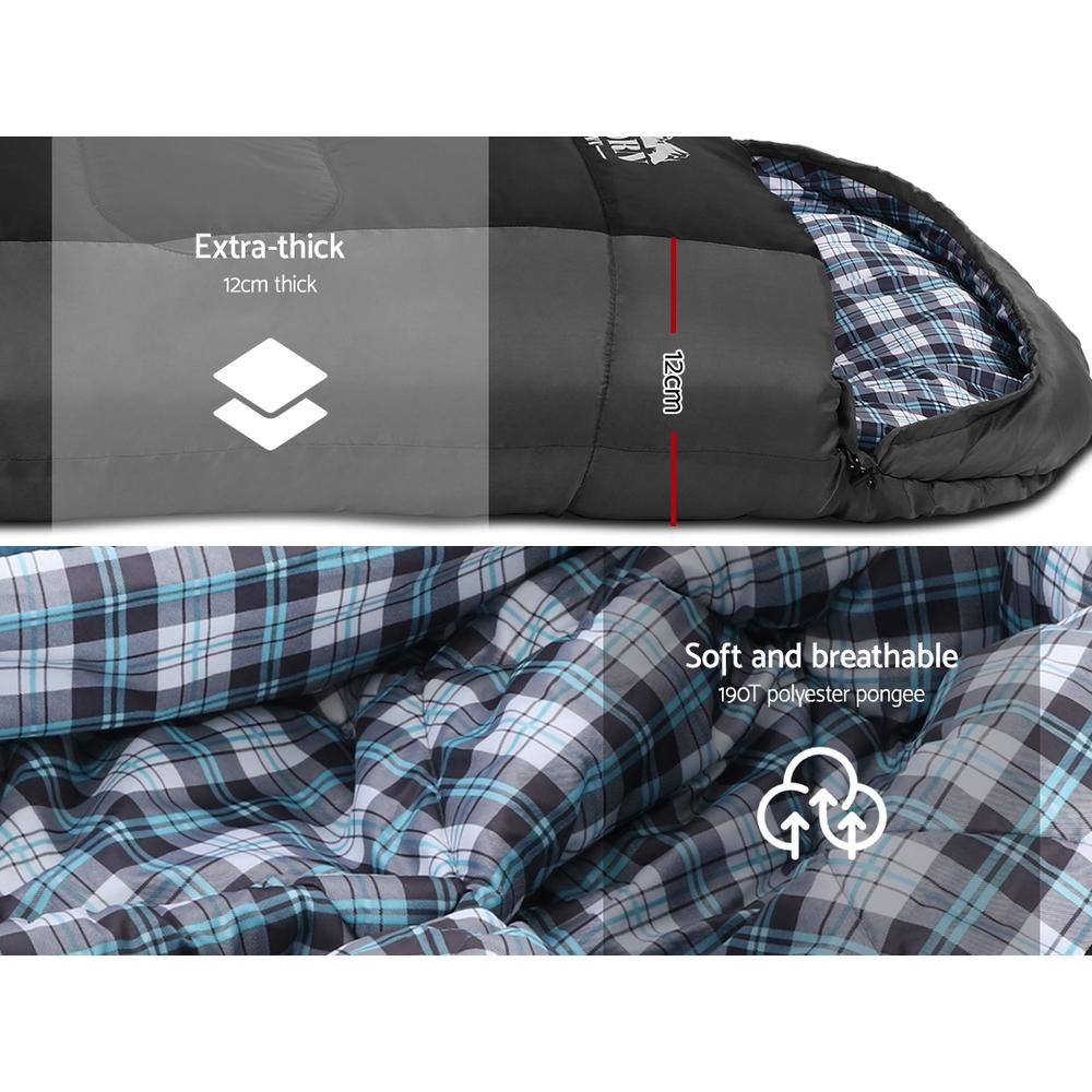 Ozdingo Weisshorn single black sleeping bag for camping and hiking, designed for -20°C warmth, suitable for outdoor sleeping.
