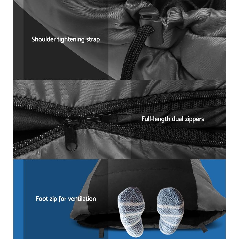 Ozdingo Weisshorn single black sleeping bag for camping, thermal insulation, suitable for hiking and outdoor tents, rated -20°C.