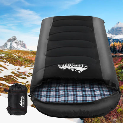 Ozdingo Weisshorn black sleeping bag with thermal insulation, suitable for camping and hiking in cold weather up to -20°C.