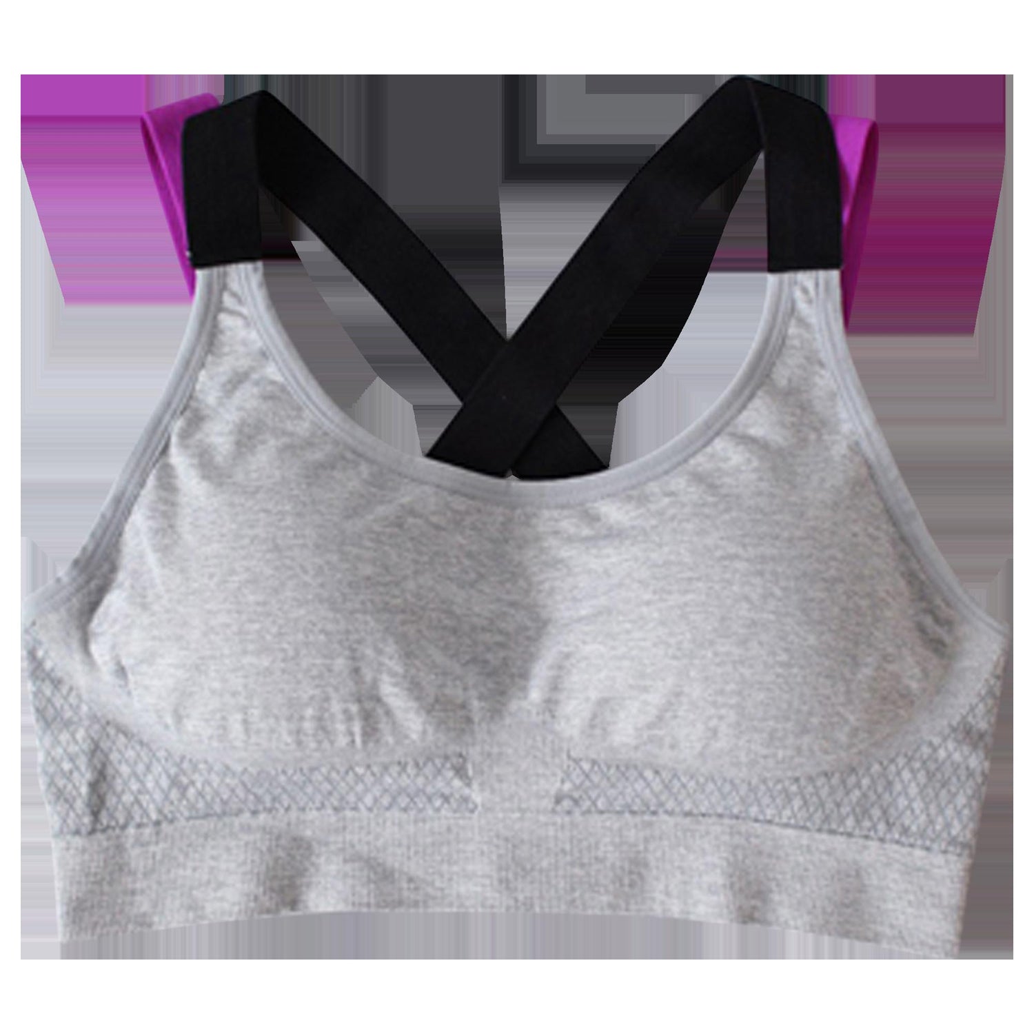 Crimson Gaia SOBEYO gray padded sports bra with elastic straps and cross back design, ideal for activewear workouts