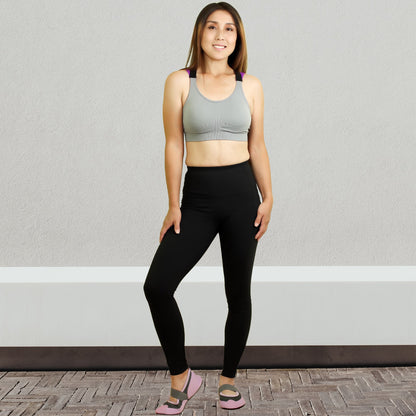 Crimson Gaia SOBEYO gray padded sports bra with elastic straps and cross back design, ideal for activewear and exercise.