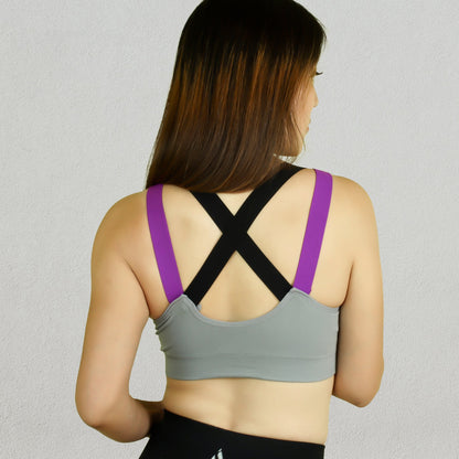 Crimson Gaia SOBEYO gray padded sports bra with elastic straps and cross-back design for activewear comfort and support.