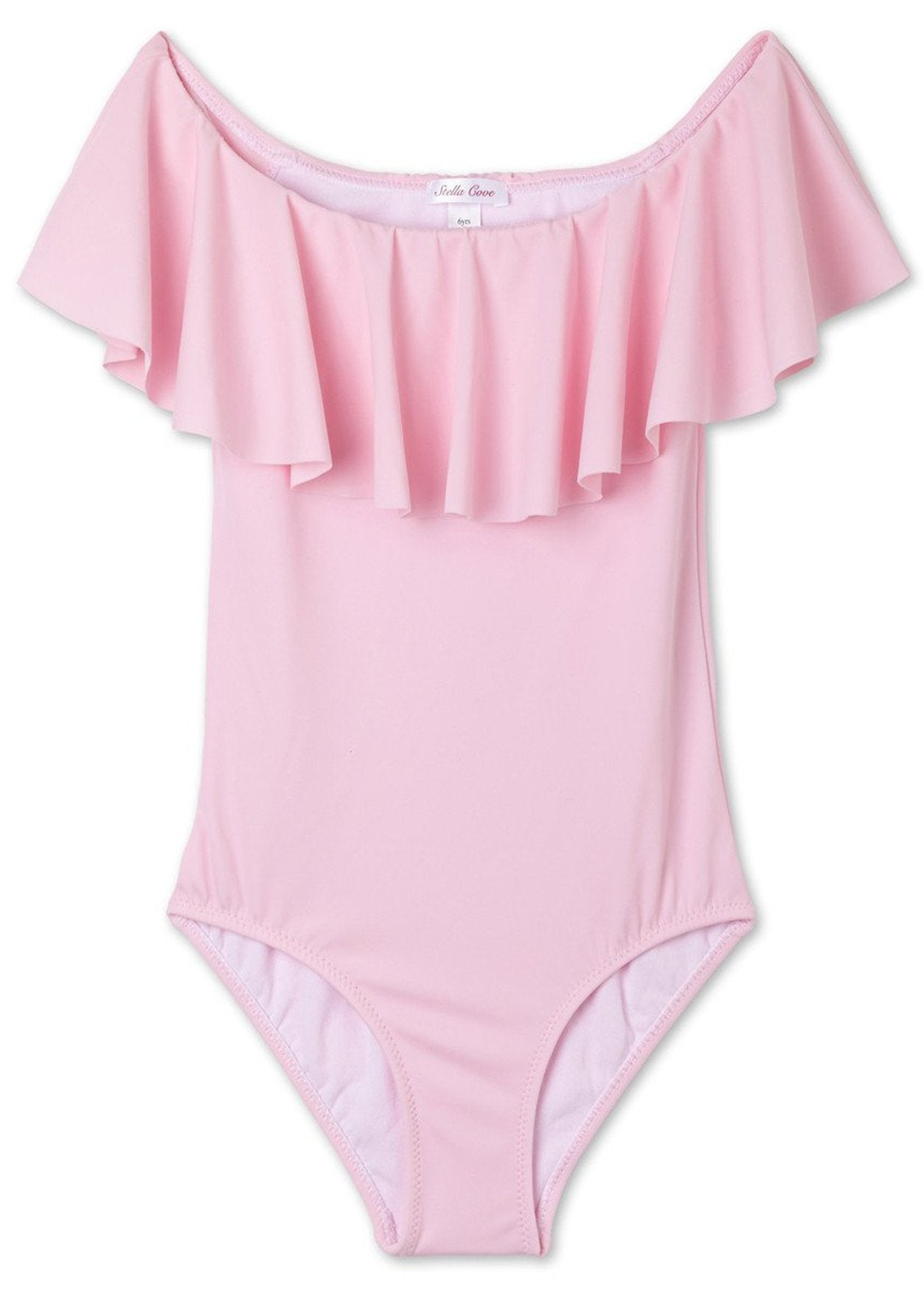 Pink draped bathing suit for kids by Ivory Trillium, featuring a stylish design and comfortable fit for young swimmers.