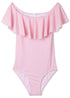 Pink draped bathing suit for kids by Ivory Trillium, featuring a stylish design and comfortable fit for young swimmers.