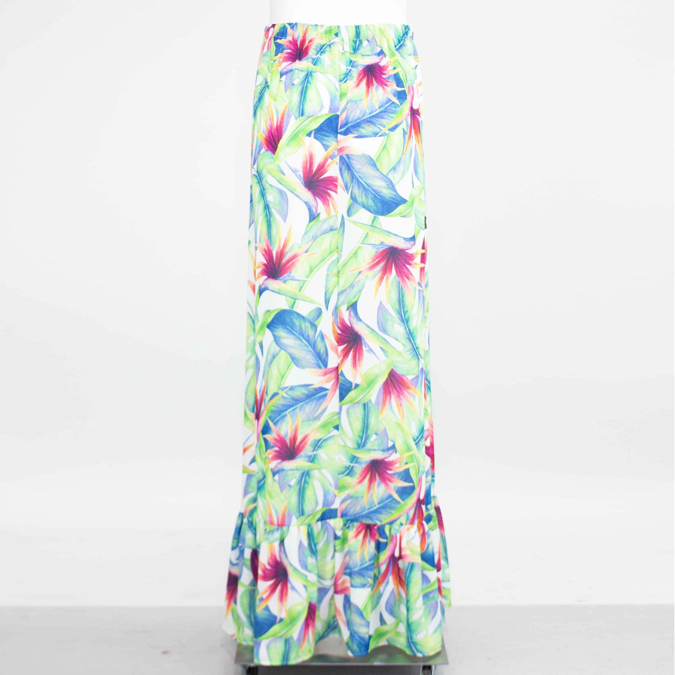 Yellow Hera flared bottom tropical maxi skirt with vibrant floral print, flowing fabric, and high waist design.
