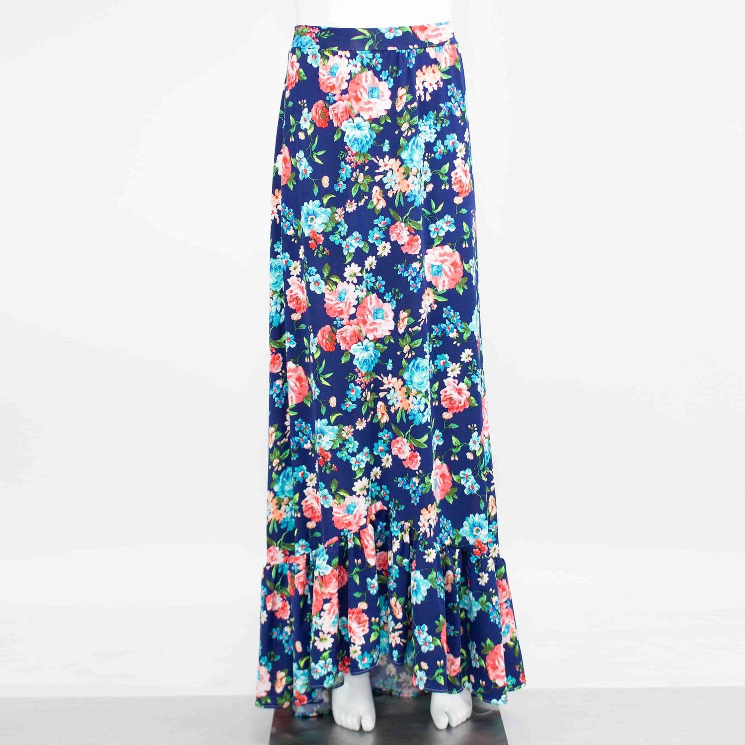 Yellow Hera flared bottom flower maxi skirt, flowing clothing with vibrant floral pattern, perfect for boho or casual style.