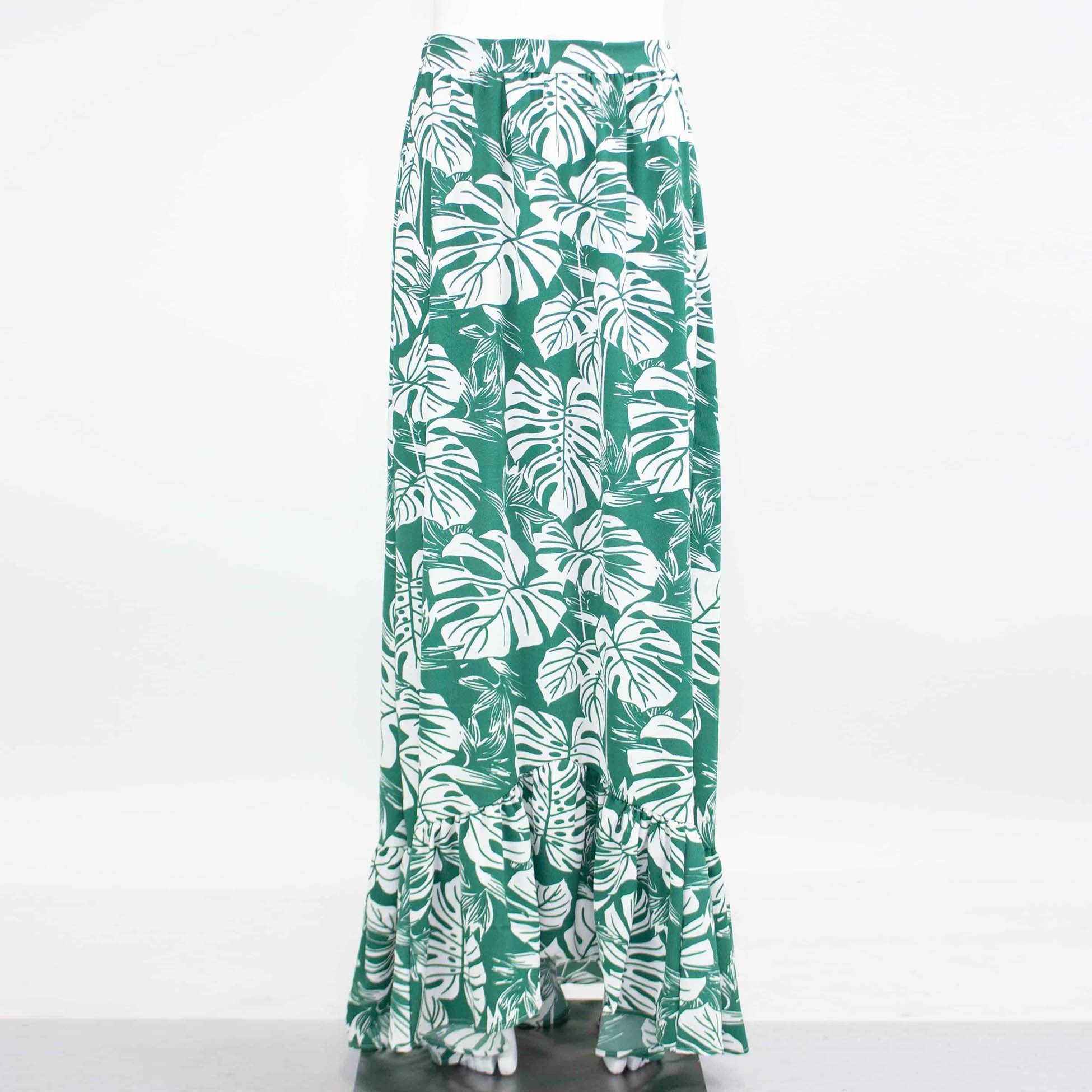 Yellow Hera flared leaf maxi skirt featuring a flowing design and vibrant leaf pattern, perfect for a bohemian style.