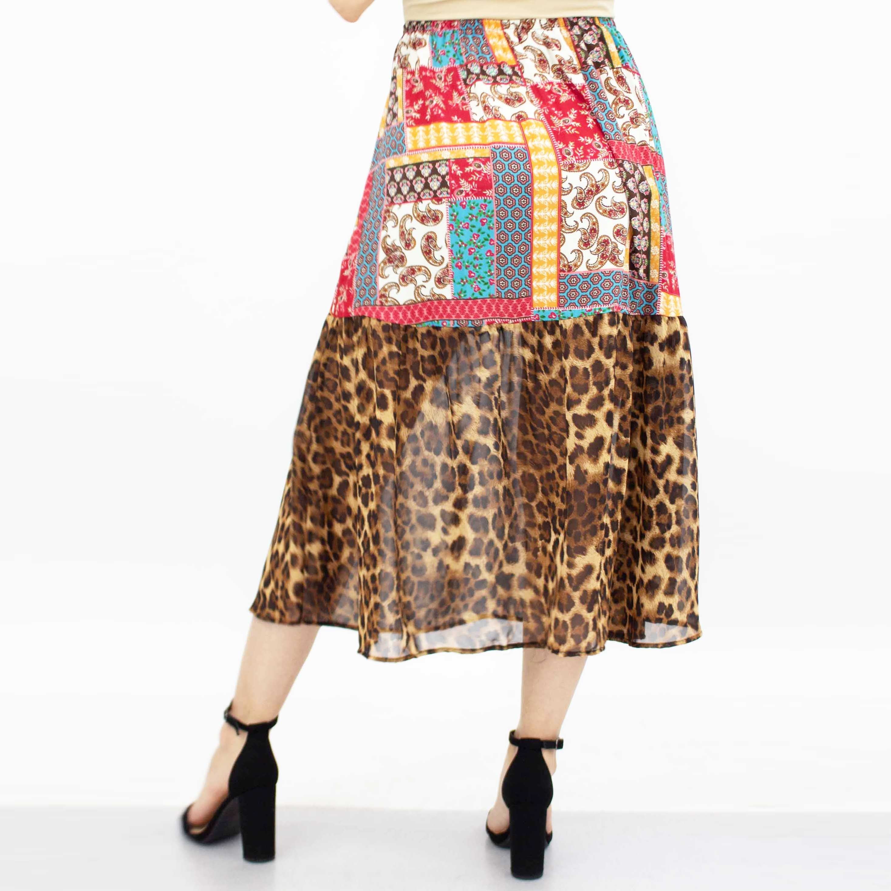 Red animal print color block skirt from Yellow Hera, featuring bold patterns and stylish design, perfect for trendy outfits.