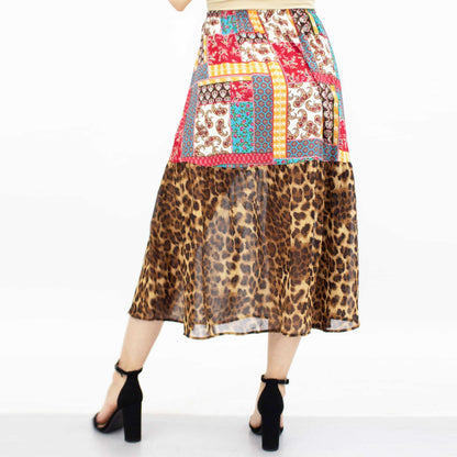 Red animal print color block skirt from Yellow Hera, featuring bold patterns and stylish design, perfect for trendy outfits.