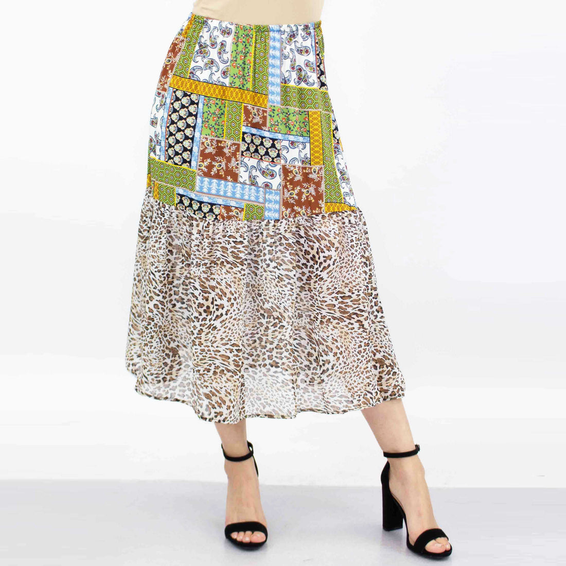 Green animal print color block skirt from Yellow Hera, featuring a stylish and vibrant clothing design.