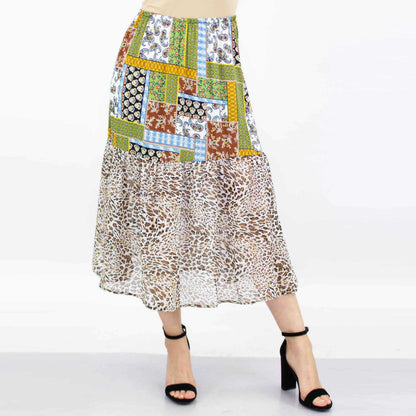 Green animal print color block skirt from Yellow Hera, featuring a stylish and vibrant clothing design.