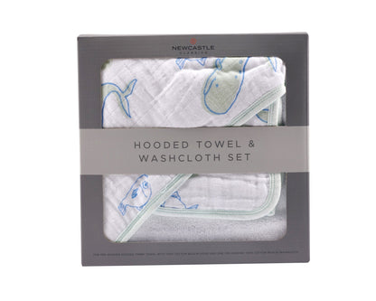Kids and babies whale hooded towel and washcloth set by Lavender Charlie, featuring soft cotton fabric with ocean-themed whale design.