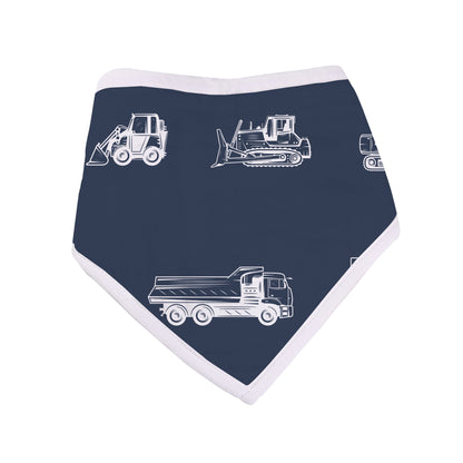 Lavender Charlie Things That Go bandana bib for babies, featuring colorful vehicle patterns on soft fabric.