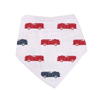Lavender Charlie kids and babies "Things That Go" bandana bib featuring colorful vehicle patterns on soft fabric.