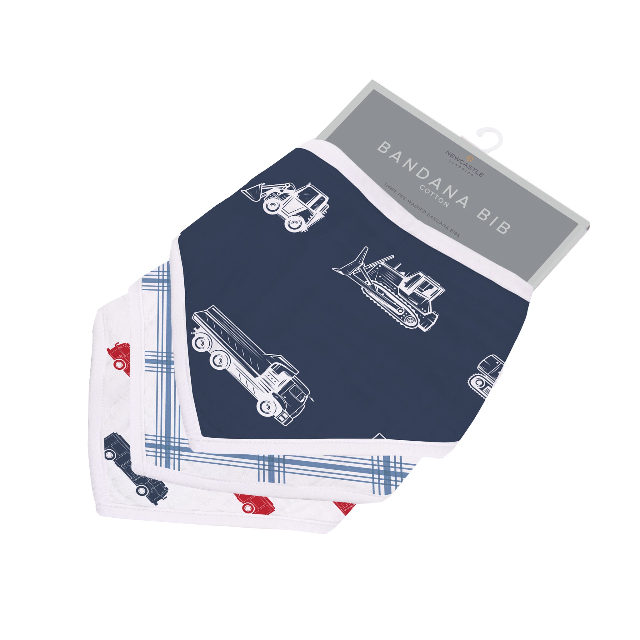 Lavender Charlie Things That Go bandana bib for kids and babies, featuring colorful vehicle patterns on soft fabric.